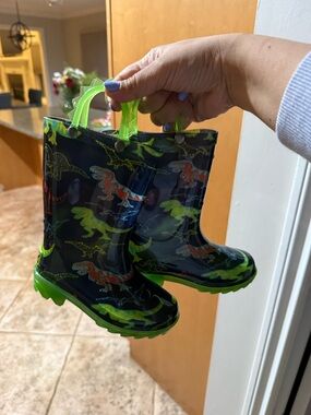 Cat & Jack Black Rain Boots with Neon Green Handles & Soles - Dinosaur Print